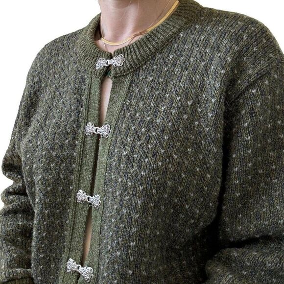 Vintage LL Bean Olive Green Wool Blend Birdseye Made in Norway Cardigan Sz M - Picture 7 of 9